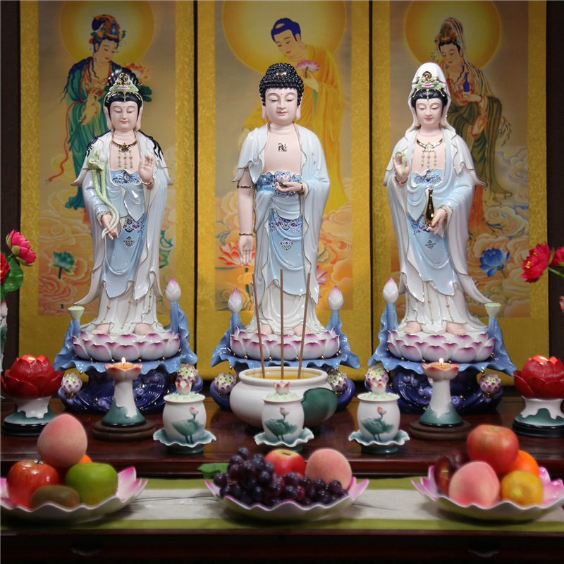 上美28吋西方三圣站像陶瓷摆件娑婆三圣佛像供奉佛堂阿弥陀佛观音