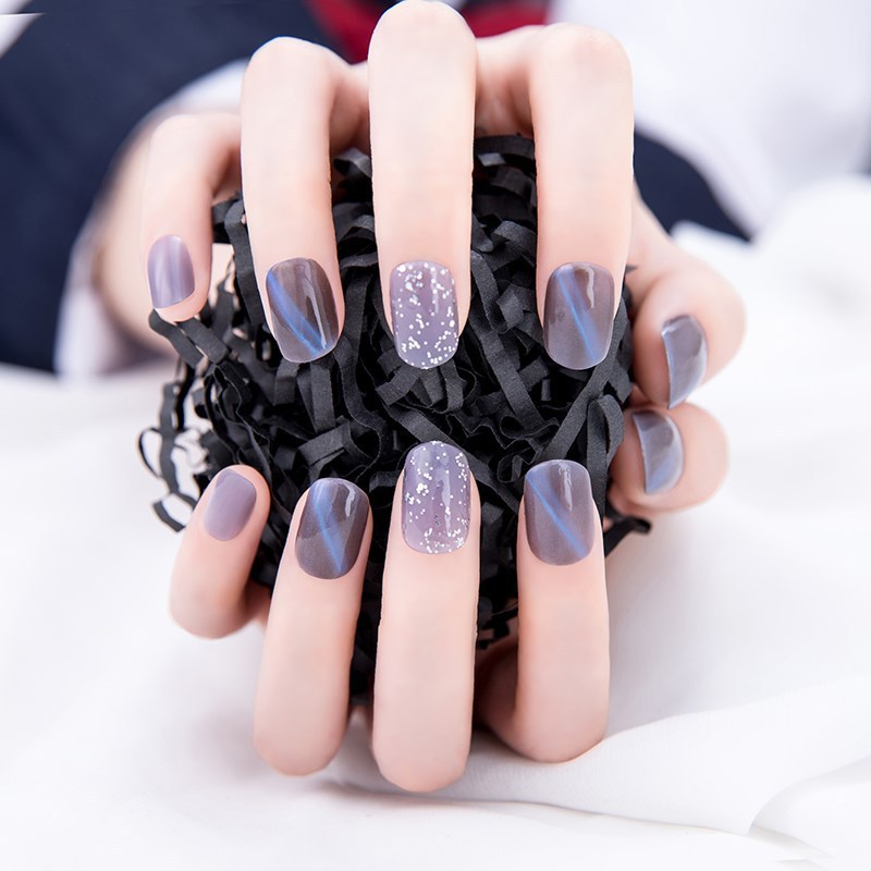 蓝灰猫眼显白成品假指甲可拆卸短款办工美甲贴片穿戴假手指甲壳