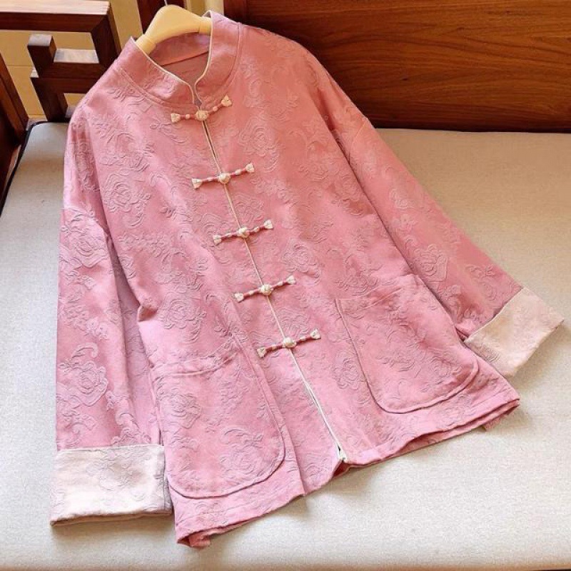 外贸女装剪标国风盘扣提花唐装外套春季中式对襟立领开衫上衣