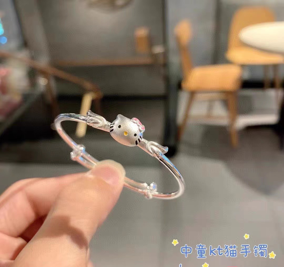 宝宝纯银手镯铃铛一对婴儿银饰儿童小孩银镯子可爱kt猫生日送礼物