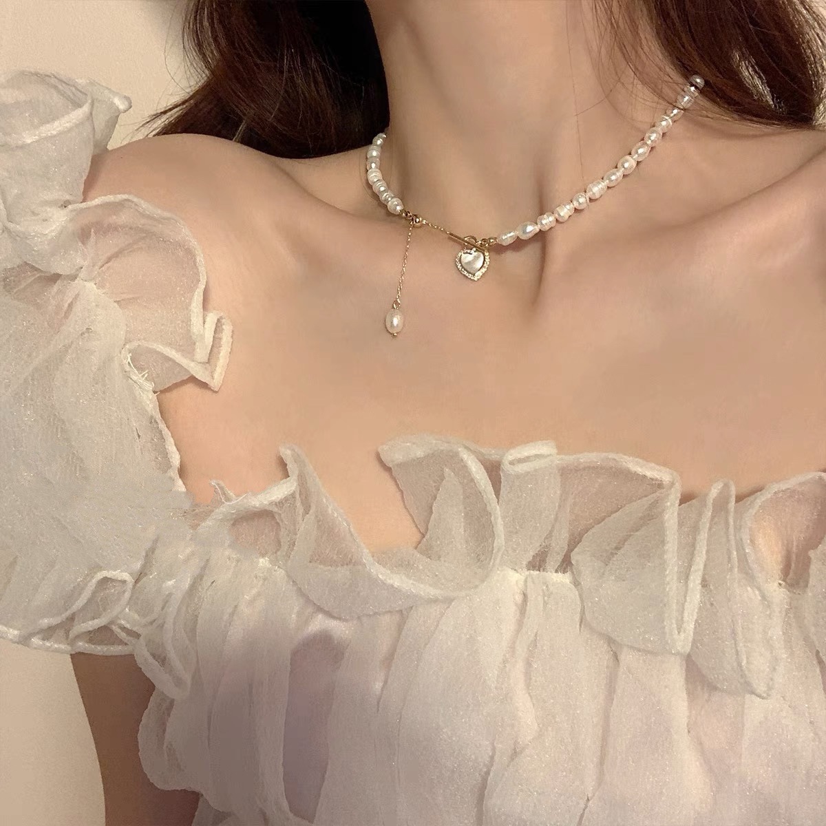 Pulsatile Heart ~ Imitation Freshwater Pearl Heart Shell Tassel Necklace Female Light Luxury Minority High-Grade Sense