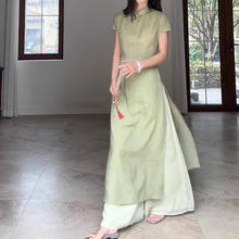 新中式烟雨江南绿色棉麻设计感旗袍上衣新中式雪纺裙裤轻薄套装潮