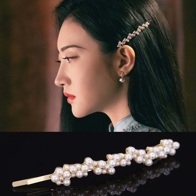 景甜司藤同款发饰网红夹子头饰复古珍珠发夹侧边边夹一字夹发卡女