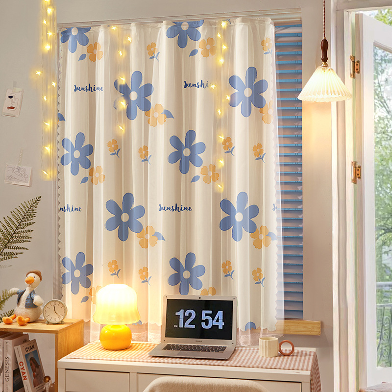 Hole-Free Velcro Shading Curtain Paste Dormitory Bay Window Light Transmission Nontransparent Rental Mesh Curtains Cloth Finished Wholesale