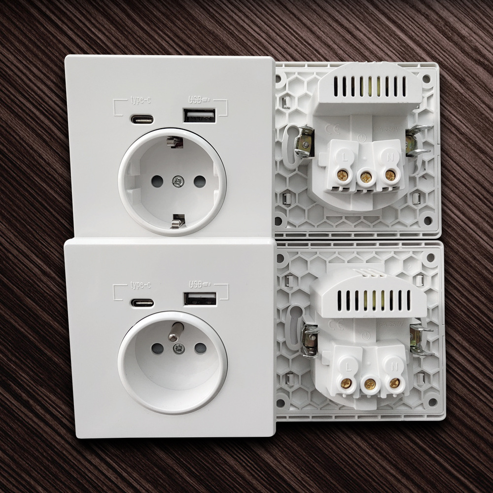 法国欧盟法规 一位16a法式插座带usb type-c接口插座86型灰色暗装