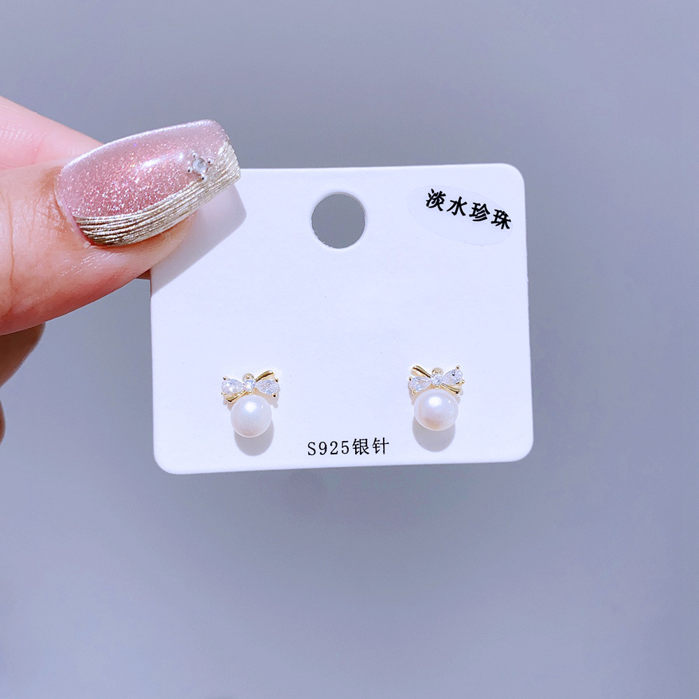 高品质天然淡水珍珠耳环925银针小众设计轻奢精致锆石蝴蝶结耳钉