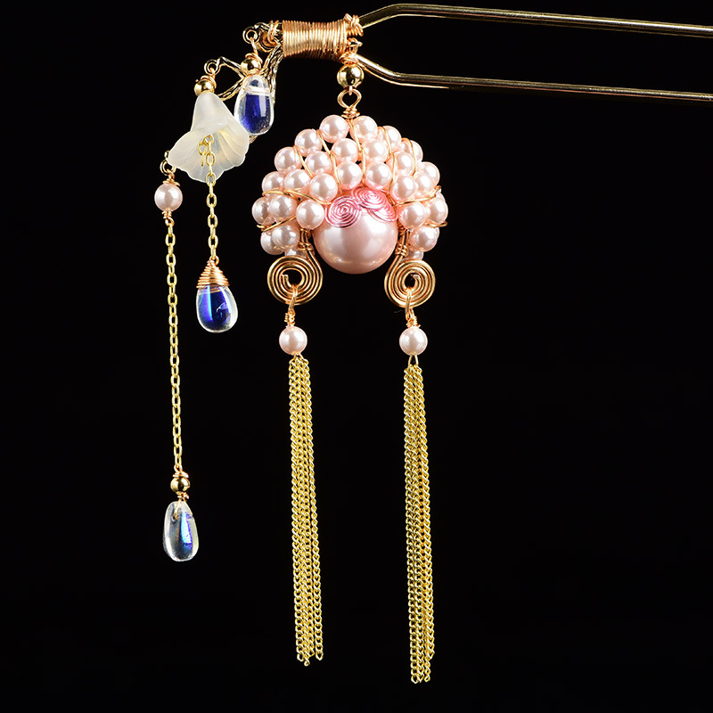 设计款手工刀马旦饰品国潮复古汉服珍珠贝珠发饰流苏发簪-阿里巴巴