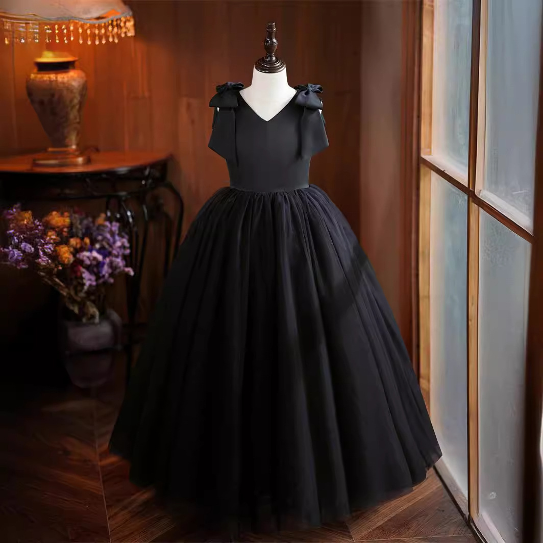 女童礼服中大童演出服走秀黑色蓬蓬裙钢琴管弦乐队演奏主持人比赛