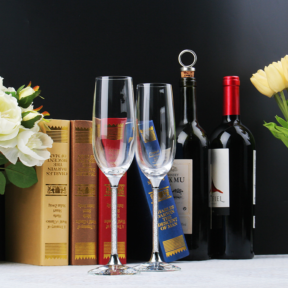 红酒杯水晶高脚杯玻璃香槟杯刻字婚庆对杯生日送礼物品2只彩盒装