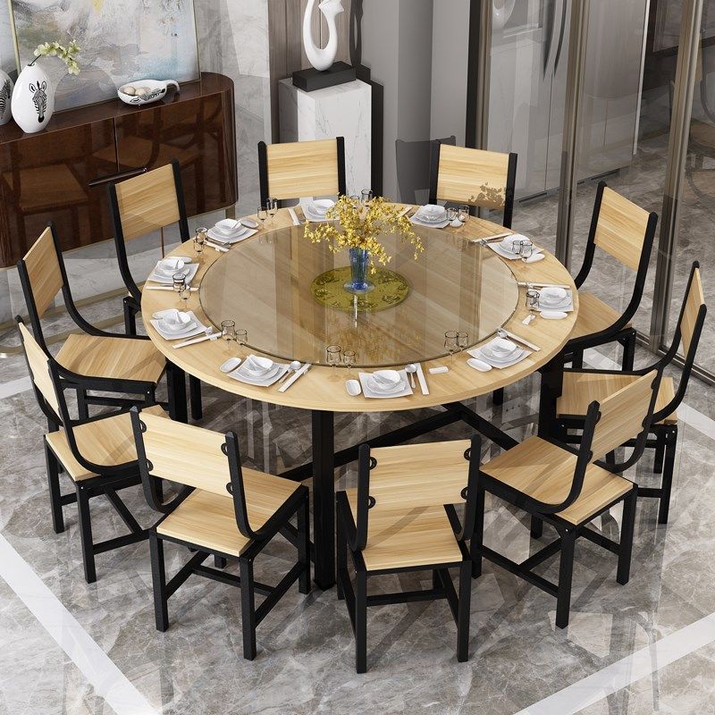 实木质圆桌椅带转盘圆桌子家用圆形餐桌椅大圆桌十人圆桌餐厅餐桌