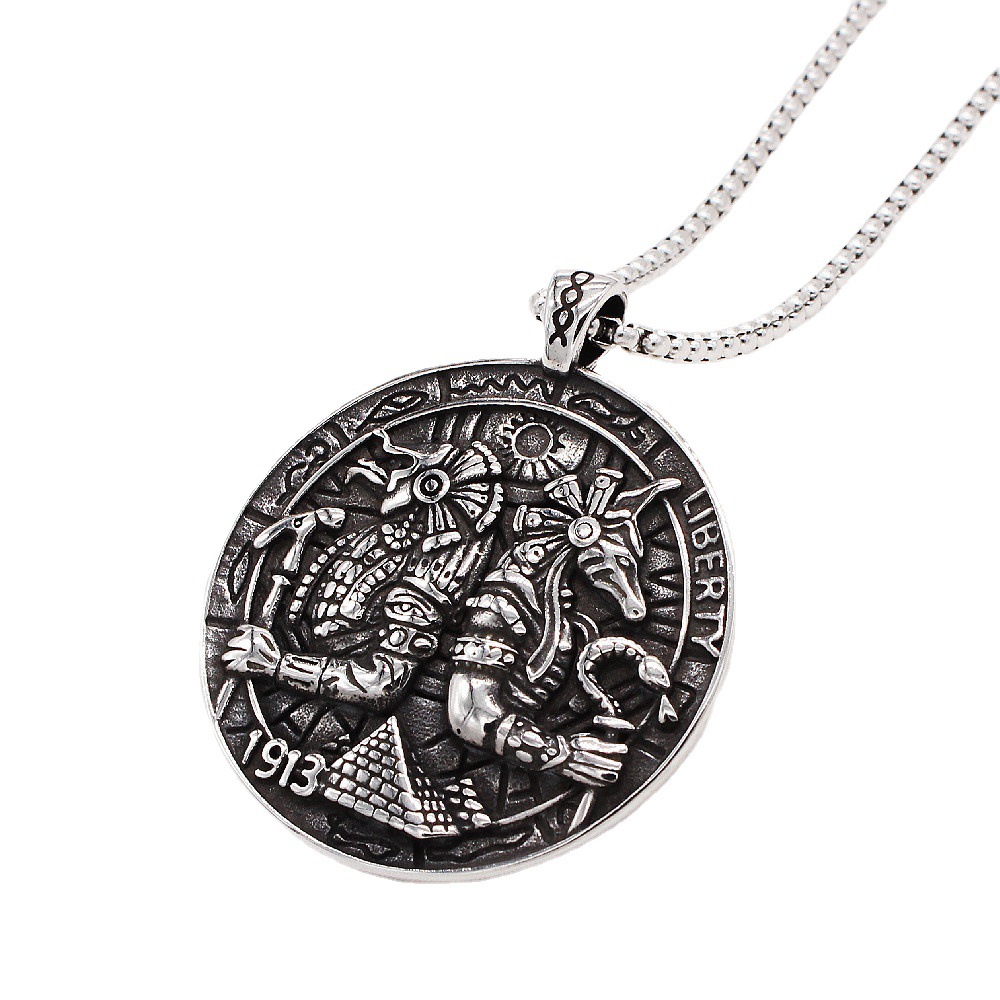 p0905  欧美复古埃及法老阿努比斯守护神男士钛钢圆牌吊坠项链