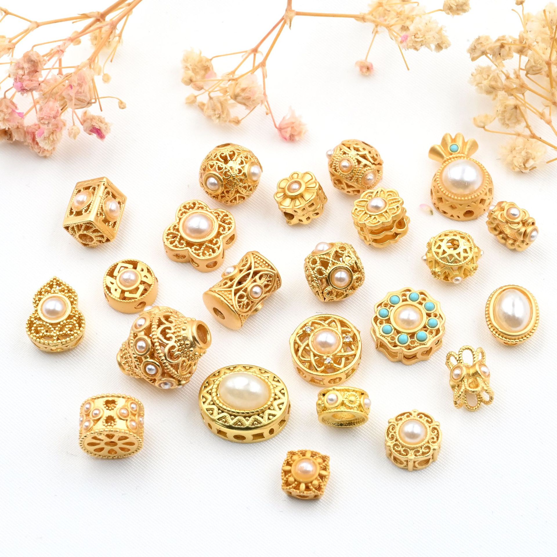 Ancient Gold Separate/Loose Beads Alluvial Gold Inlaid Pearl Beads DIY Bracelet Accessories Bracelet Beads Direct Sales