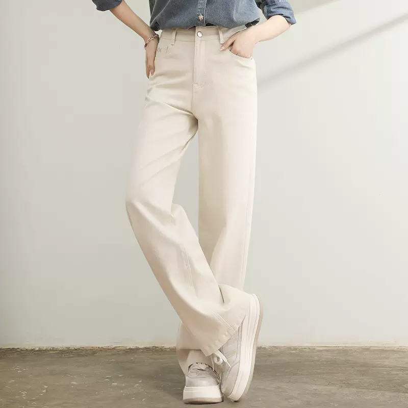 厂家直销新款垂坠四面弹宽松窄版直筒裤显瘦百搭杏色牛仔裤女长裤