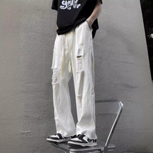 欧美高街vibe裤子美式街头白色牛仔裤男款夏季直筒宽松破洞乞丐裤