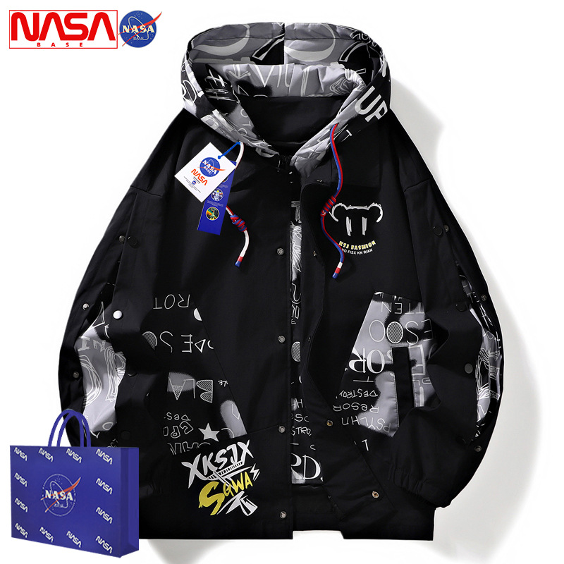 NASA New Men's Spring and Autumn Casual Jacket Youth Hong Kong Style Trendy Brand Fake Two-Piece Hooded Jacket Men's Jacket