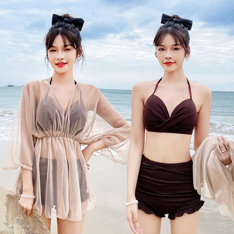 2022 New Swimsuit Women's Summer Korean Ins Slim Looking Belly Covering Conservative Split Three-Piece Blouse Swimming Suit