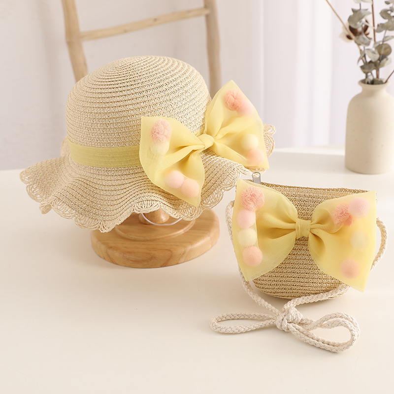 Children's Big Bow Straw Hat Summer Baby Coin Purse Hat Kit Children's Sun Hat Beach Hat