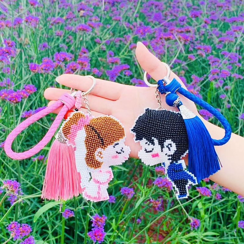 印花十字绣可爱卡通萌小q新郎新娘结婚情侣全珠绣钥匙扣手机挂件