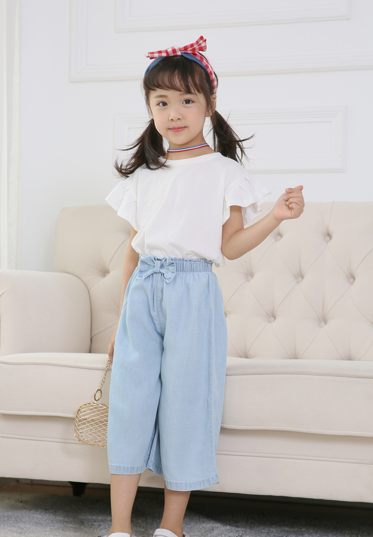 夏季女童天丝阔腿裤新款薄牛仔七分裤时尚洋气小女孩喇叭裙裤短裤