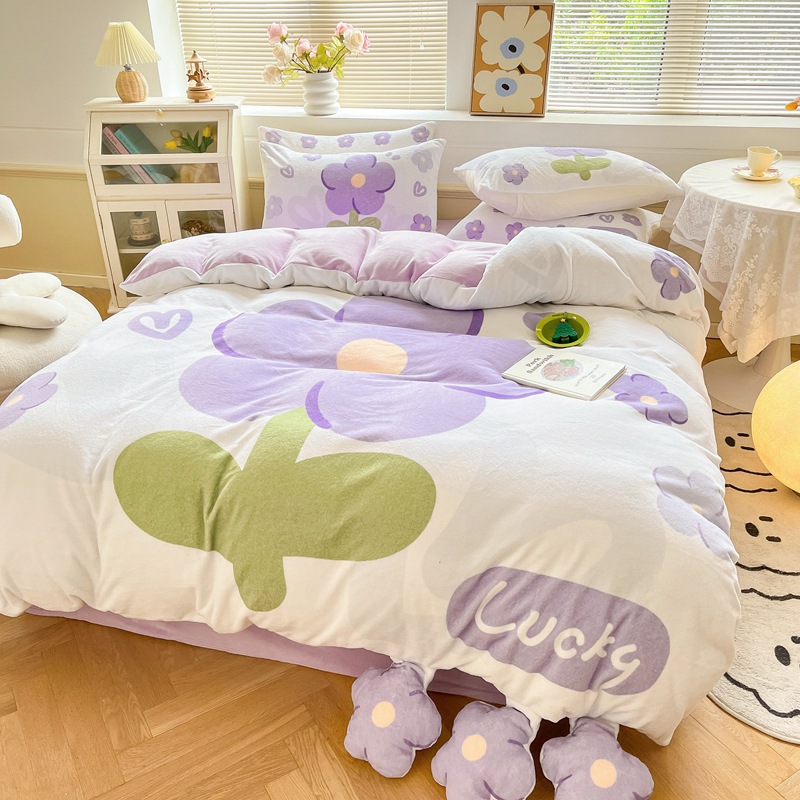 冬季珊瑚牛奶绒床上四件套法兰绒儿童床品双面加厚被套床单三件套