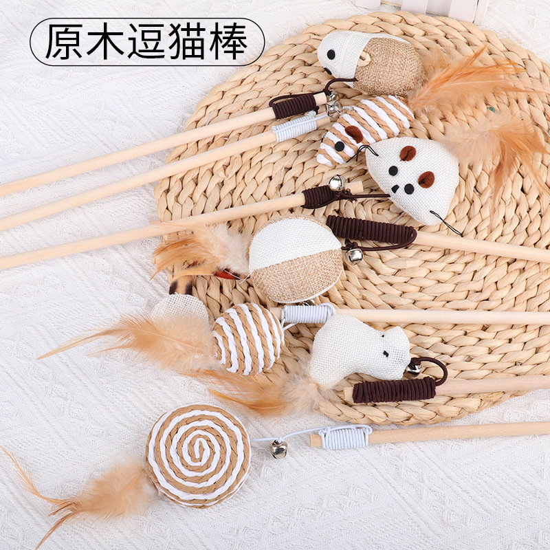 Wooden Pole Cat Teaser Feather Bell Woolen Yarn Ball Cat Toy Log Interactive Muppet Mouse Grinding Claw Funny Cat Supplies