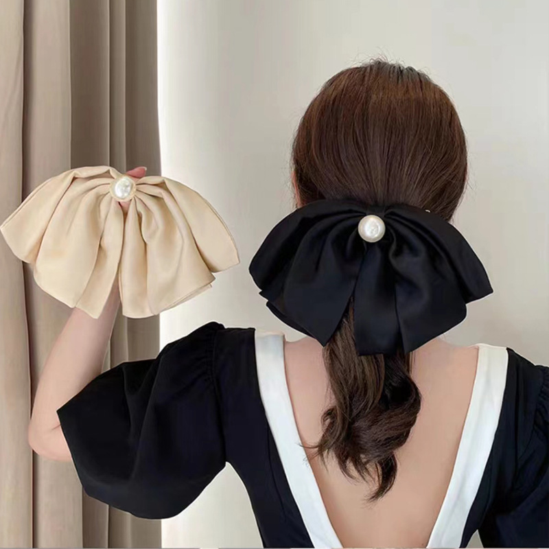 Oversized Pearl Fabric Bow Barrettes Korean Internet Celebrity Back Head Clip Hairware Hairpin Temperament Elastic