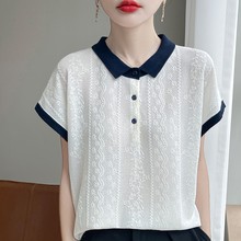 25年夏季新款精纺羊毛POLO领针织衫短袖T恤女提花拼色打底衫上衣