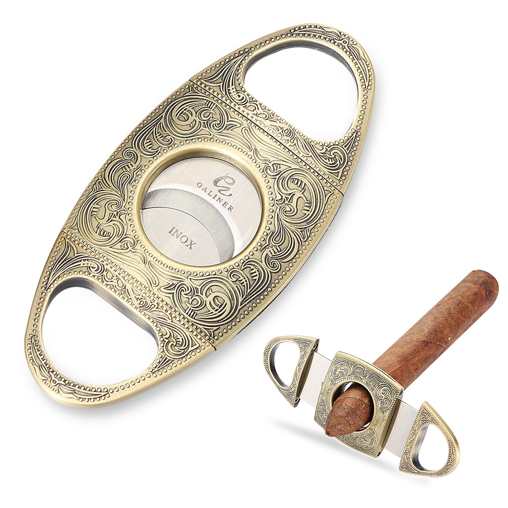 galiner 古铜雕花雪茄剪双刃雪茄刀雪茄钳锋利不锈钢雪茄剪刀