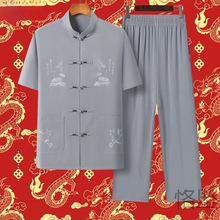 KZ夏季棉麻唐装中老年人男士中国风复古风大码爸爸高端混纺薄款套