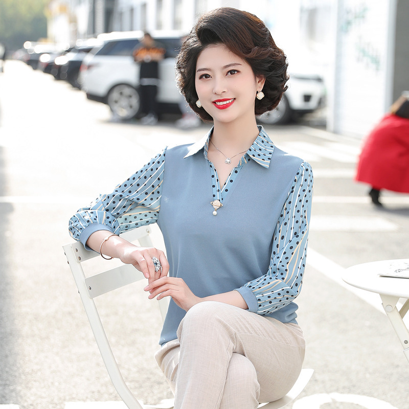 妈妈春装套装洋气针织上衣服2022新款40岁50中老年女人春秋季衬衫