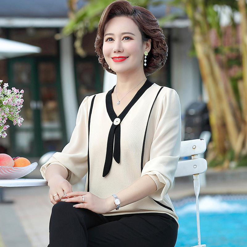 妈妈春装小衫2022新款40-50岁时尚女上衣中老年人夏装雪纺t恤衫