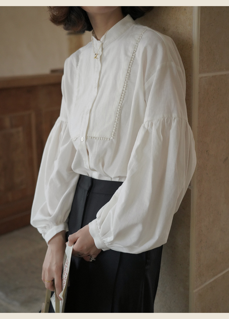 韩国chic灯笼袖白衬衫女秋百搭圆领泡泡袖上衣设计感宽松复古衬衣