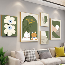 绿色花朵猫咪小清新客厅组合装饰画北欧现代简约几何线条餐厅挂画