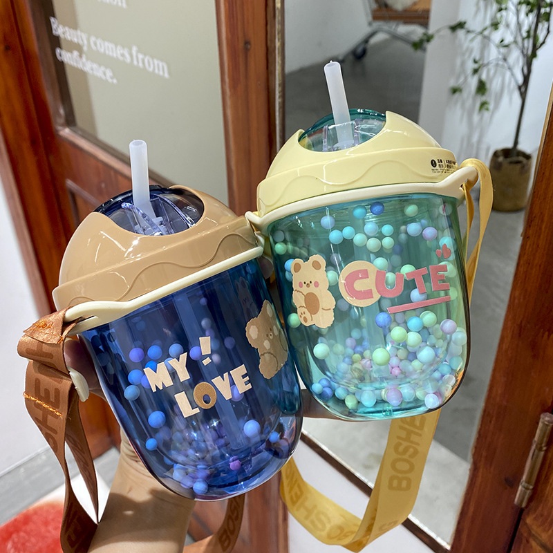 创意潮流滑翔盖双层塑料杯高颜值少女学生便携吸管杯可爱大肚水杯