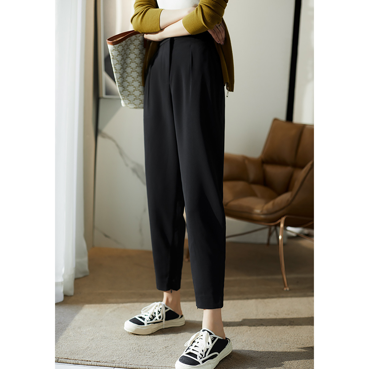 の笑涵阁 通勤百搭 单褶显瘦遮胯锥形休闲西装裤子女 kz293505ag