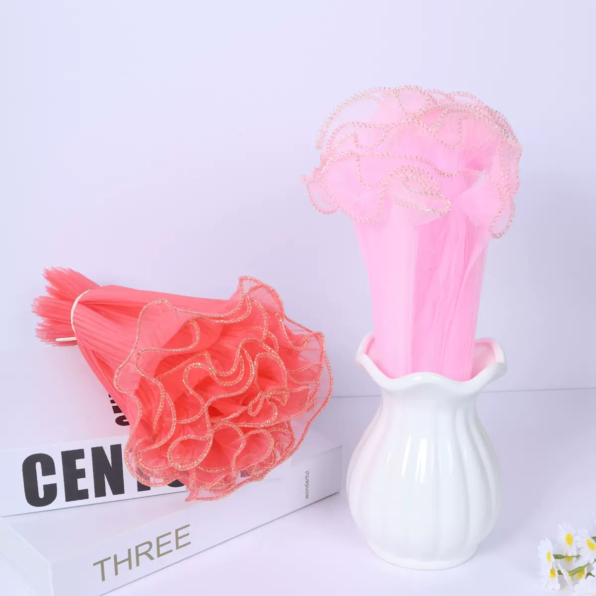 金边浪花纱情人节鲜花礼品包装纸材料皱褶珍珠包花diy波浪纱花束