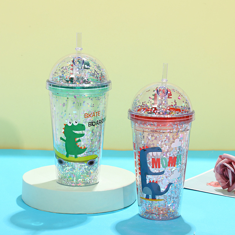 Modern Creative Straw Cup Plastic Cup Dinosaur Cup Sequins Simple Cartoon Children Men and Women Portable Water Cup Gift Cup