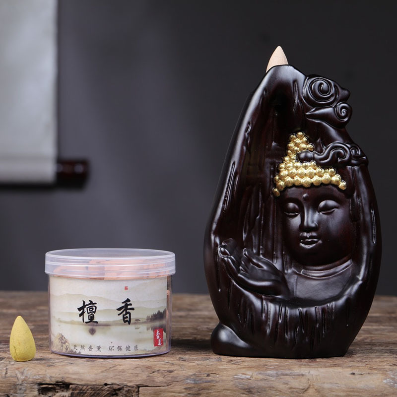 黑檀木雕刻现代中式如来禅意倒流香红木质薰香炉居家茶道摆件批发
