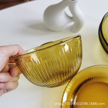 ins韩风琥珀色玻璃碗 竖条纹玻璃碗茶色玻璃水果沙拉甜品碗布丁碗