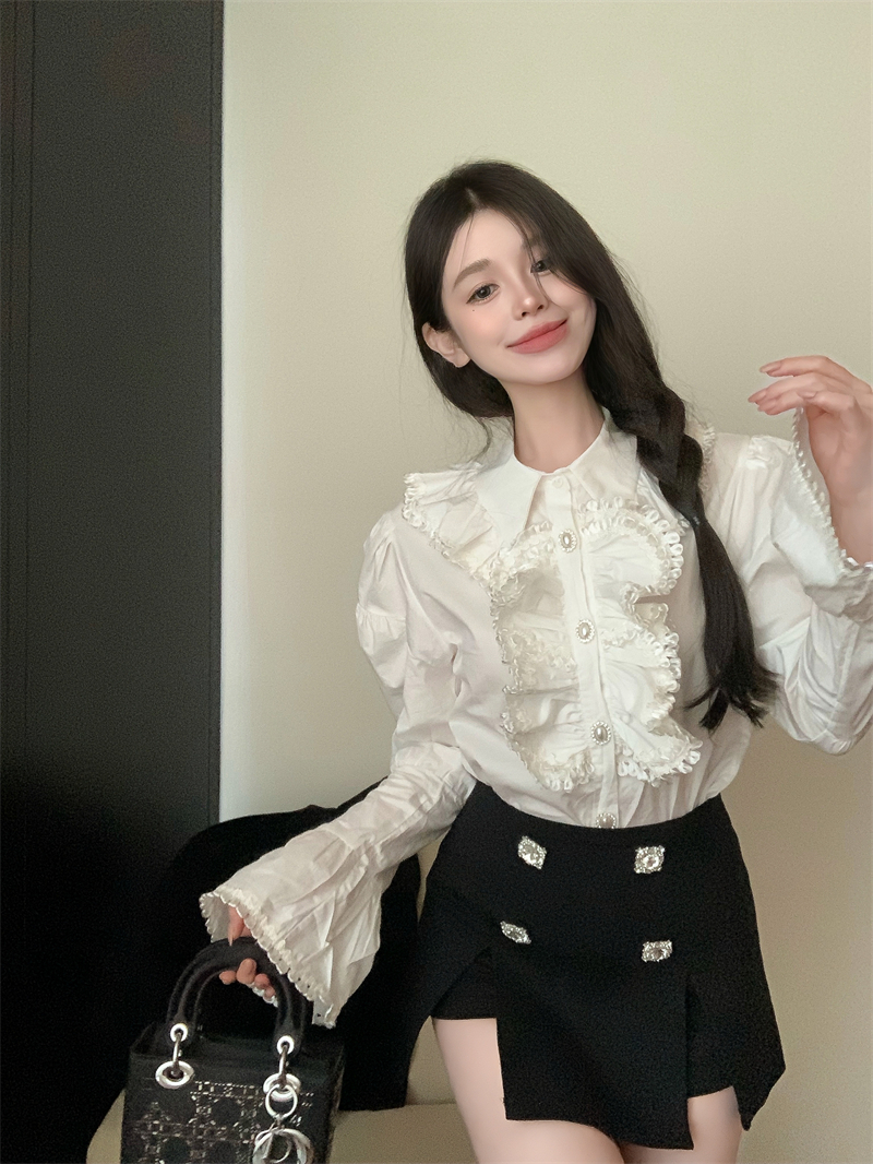 white lace ruffled polo collar shirt top women‘s autumn and winter elegant palace style flared sleeves long sleeves shirt