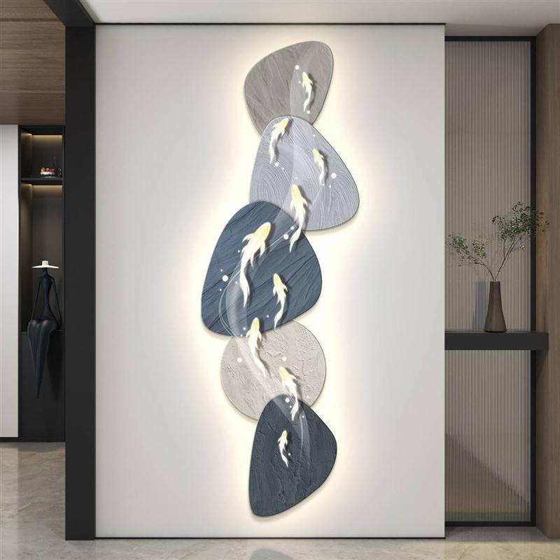 led带灯九鱼图轻奢入户玄关装饰画竖版走廊过道简约现代挂画壁画