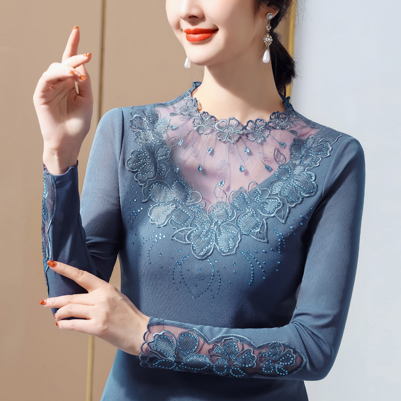Lanxinge 2022 Autumn Flower Light Diamond Base Clothing Western Fashion Lace Shirt Embroidered Long Sleeve Women's Top