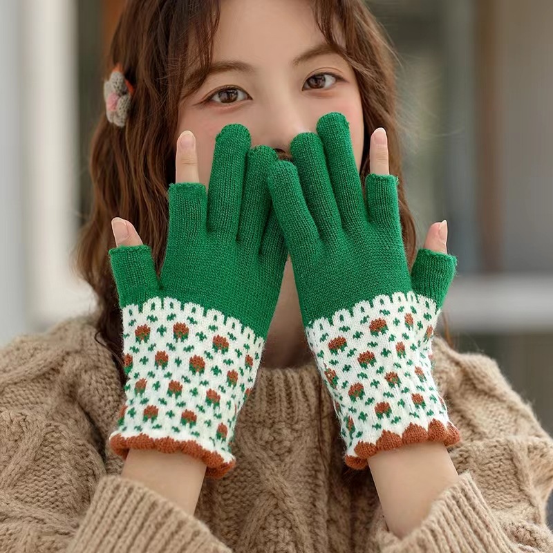 open finger women‘s gloves autumn and winter leaking two finger knitted wool thick fleece warm student half finger gloves writing
