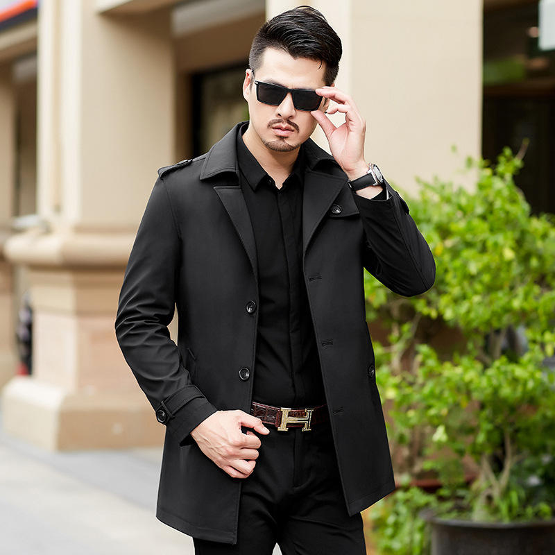 男士风衣2022春季新款男式商务休闲中长款纯色翻领外套风衣男