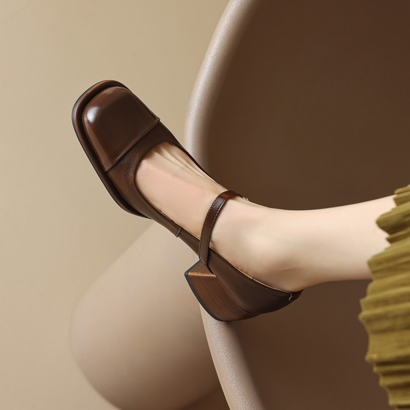 春新款文艺复古方头浅口一字带玛丽珍鞋女拼接粗跟高跟鞋气质单鞋