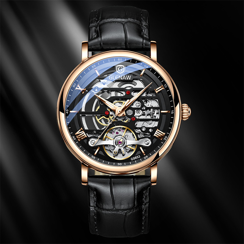 包邮格伦皮带防水机械表时尚全自动镂空机械男士手表直供男表批发