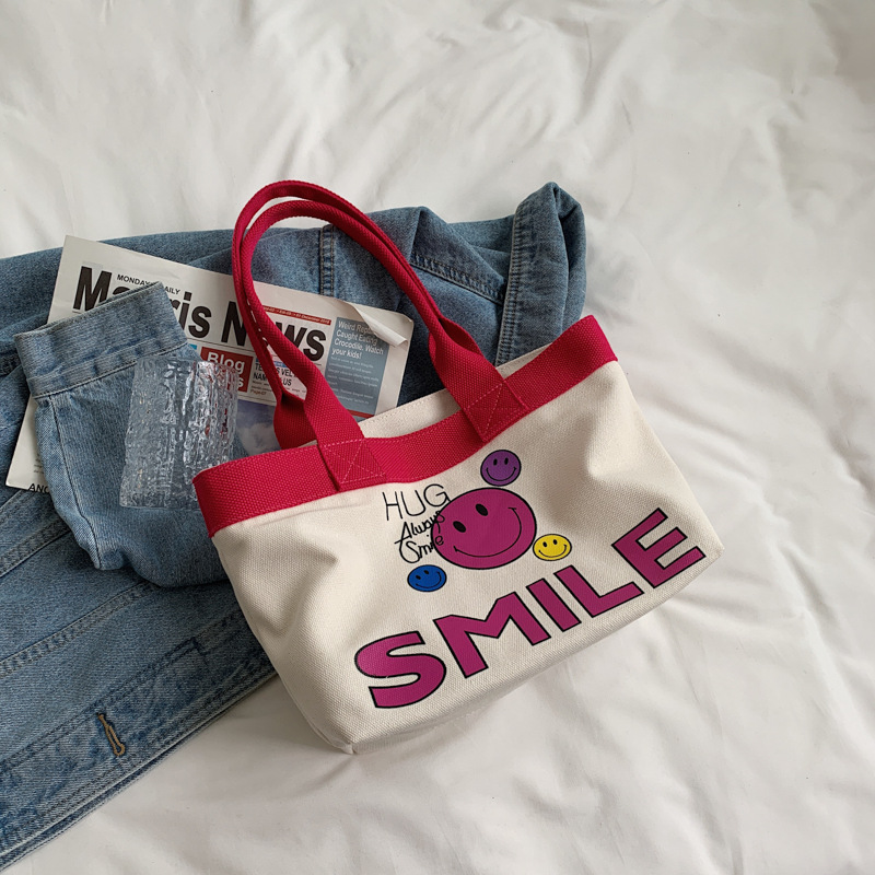 Cute Smiley Printed Simple Small Bag Women's 2023 New One-Shoulder Canvas Artistic Style Large Capacity Portable Women's Bag