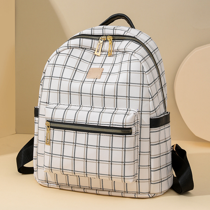 千鸟格双肩包女2024新款时尚书包韩版百搭大容量休闲旅行电脑背包