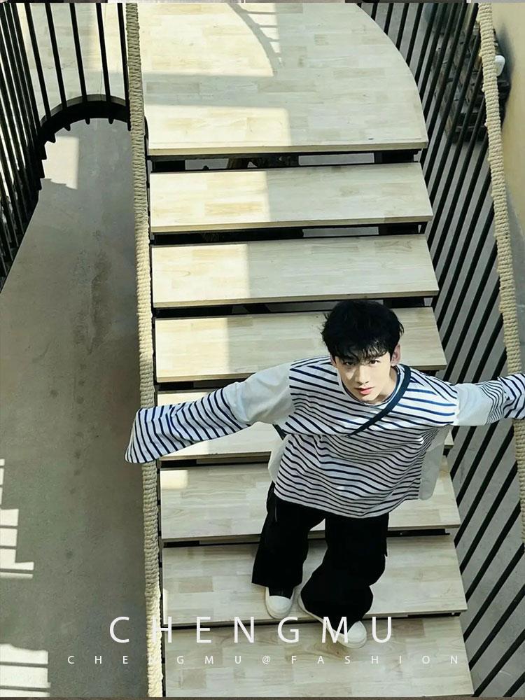 t白敬亭同款条纹长袖t恤男款300g重磅圆领内搭oversize打底衫