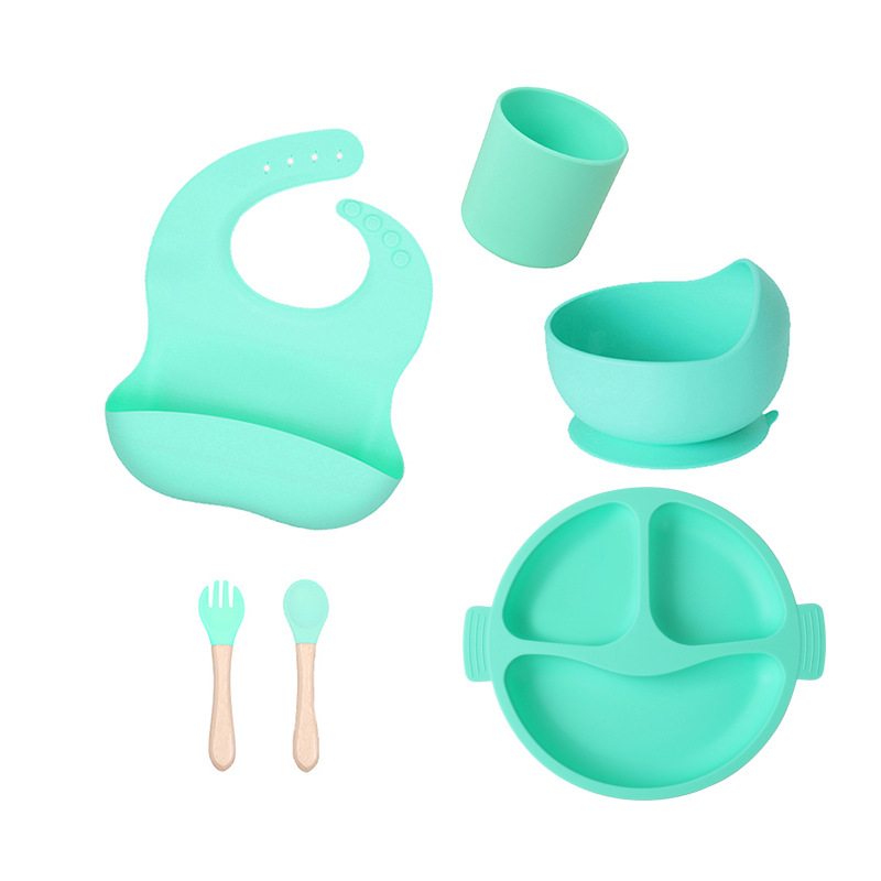 Baby Solid Food Bowl Children's Silicone Compartment Dinner Plate Wooden Handle Spork Suit Pedology Eating Silicone Cutlery Plate